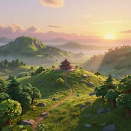a serene landscape with a singular building at sunrise, pixar style, octane render, unreal engine 5, path traced, highly detailed, high quality, 8 k, cartoon, high coherence, breathtaking landscape, soft lighting, godrays, complementary colors, natural lighting