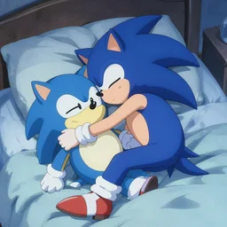 digital advanced anime art, girl sleeping in bed hugging a large dakimakura of sonic the hedgehog at night in the style of Makoto Shinkai —h 1080 —w 1920