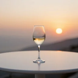 5 5 mm photo of thin small glass of white wine on a zen minimalist round white table with marmalade sunset in the background. highly detailed 8 k. intricate. lifelike. soft light,