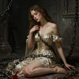 beautiful girl as classical damzel in distress sitting in dungeon in chains, blood near, dnd fantasy digital art, high detail, realistic