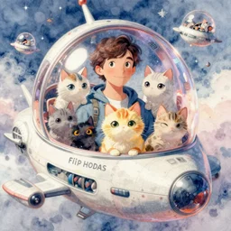 gouache watercolor illustration of filip hodas, cute anime cats inside voluptuous spaceships, dreamy aesthetic, misty, highly detailed, photorealistic, octane render, 8 k, unreal engine 5, trending on artstation, vivid colors, 8 k, by syd mead and jeremy mann