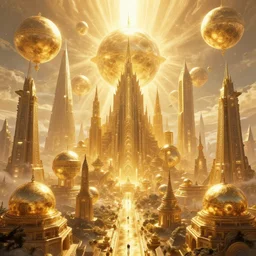 an futuristic solarpunk heavenly golden city of temples with giant spheres and pyramids bright sun rays golden 8 k highly detailed hyperornate by marc simonetti and caspar david friedrich, trending on artstation
