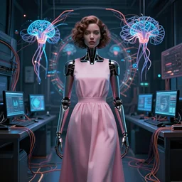 symmetric, a dark woman android in a pastel pink dress, in a room full of neural networks and wires and computers, zoomed out, dark sci - fi, ai, 4 k realistic, artem demura. alphonse mucha