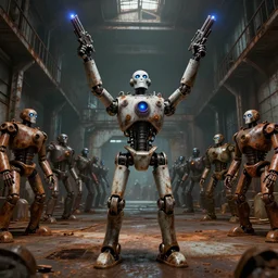 a robot mad scientist overlord looking up with both arms raised high in triumph, standing in front of hundreds of robots inside a huge rusty dingy warehouse, raygun gothic, atomic punk, digital art, detailed octane render