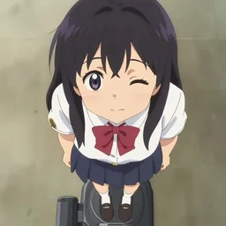 anime cell shaded, anime beige skin girl wearing school outfit looking down towards camera, winking at camera from the top, looking towards the camera, standing on top of the camera looking down