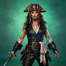 a swashbuckling pirate with iridescent!!!! skin!!!!!, she is holding melee weapons