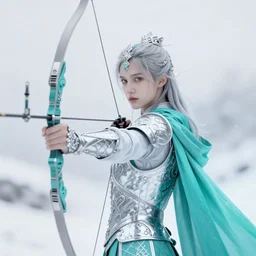 a mid - shot portrait of a snow archer in a turquoise cape and silver armor, his gauntlet glittering, pale skin, winter vibes, intricate, elegant, art by artgerm and greg rutkowski and alphonse mucha, concept art, sharp focus, octane render, cgsociety