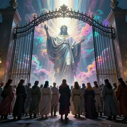 souls congregating and waiting in line at a giant iron gate, neon nebulous clouds, radiant light rays, photorealistic illustration, intricate and fine details, volumetric lighting, artstation, god figure at the gate - w 1 0 2 4