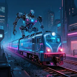 neon railway running through futuristic robot city. night. robots. cyberpunk. robotic. locomotive. cyber train. victor enrich. cybernetic. vincent di fate. night sky. beeple. jim burns. trending on artstation. digital painting