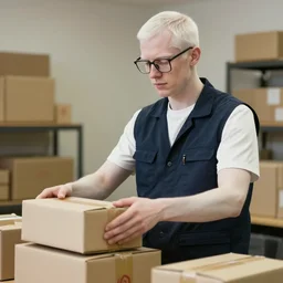 hyperrealistic photo of a pale white amazon male employee sorting packages, wearing a vest, with square glasses,