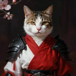 closeup portrait of a cat warrior in red and white clothes, and black armor. bloom, dramatic lighting, shadows. dark fantasy, digital painting, hd, 4 k, detailed.
