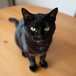 angry black cat wide angle on a wooden table