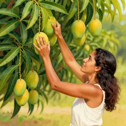 South American woman slapping a mango tree, warm saturated, 4K HD image, drawn by Picasso-W 960