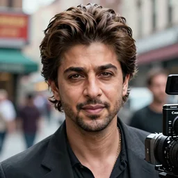 closeup portrait of Shahrukh Khan , new york back street , by Steve McCurry and David Lazar, natural light, detailed face, CANON Eos C300, ƒ1.8, 35mm, 8K, medium-format print