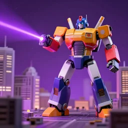 giant toy soldier robot destroying a city laser, purple