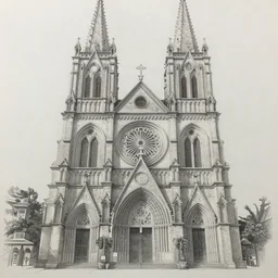 finished pencil drawing of an intricate detailed church temple catholic buddhist, complete, pencil drawing