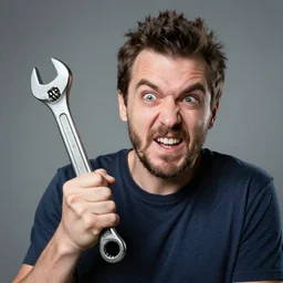 crazy man with a wrench, realistic