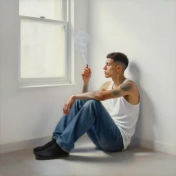 oil painting portrait of a tattoed young and thin latino guy sitting on the floor alone in a well lit white room wearing a sleeveles white shirt and blue jeans, looking out the window, short hair, tattoos, smoking, illustration, detailed, cinematic light, wide angle lens, art by greg rutkowski