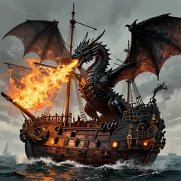 A vicious black dragon breathes flames on a Spanish Galleon concept art by Greg Rutkowski,