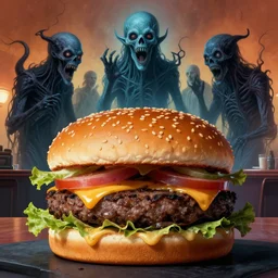 cosmic horrors on my mcdonald's burger, close up of mcdonald's burger, by zdzislaw beksinski, by dariusz zawadzki, by john jude palencar, gothic, surrealism, cosmic horror, cold hue's, warm tone gradient background, concept art, scene in dining room, beautiful composition