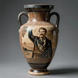 a beautiful ancient greek amphora geometric art copy museum ceramic pottery vase depicting stalin waving