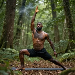 lebron james doing yoga in the forest, high detail shot, smoking, render, cgsociety, photorealism