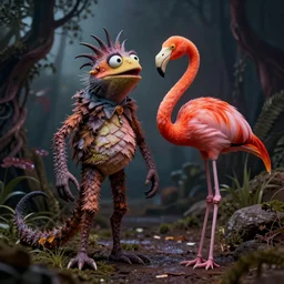 lizard flamingo hybrid, muppet punk, basil wolverton style, hr giger style, disney style