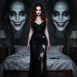 in the style of j. c. leyendecker, gorgeous alyson hannigan, evil dead movie, full body shot, torn black dress, evil smile, spooky, illustration, symmetrical face realistic symmetrical eyes, bedroom setting, charlie bowater, artgerm, cinematic lighting, evil dead, undead demon, hyperdetailed