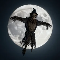 Sinister scarecrow flying in the moon, photo realistic