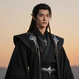 portrait, beautiful male elf, long hair, elegant, super detailed, light black robes with silver accenting, silver very ornate jewelry, cape, 8 k, cinematic, backlight, octane render, dusk, warm lighting, artstation, greg rutkowski, rossdraws, william bouguereau, sharp focus