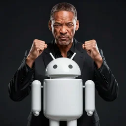 photo of angry will smith looking at android robot. centered, dramatic posing. sci fi. cinematic. dark background, hyper detailed, 4 k, high quality, smooth, sharp focus, hyper reealistic, colored