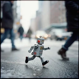 kodak portra 4 0 0, muted colours portrait by saul leiter of a tiny photoreal tin toy robot running fast trough a busy new york snowy street, strongly illuminated, motion blur, tiny gaussian blur, insanely detailed, insanely intricate, depth of field, winter