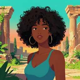 a portrait of a black curly woman  and ancient ruins with plants,digital art,retrowave art,trending on art station