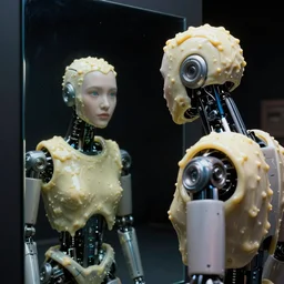 humanoid robot staring at her reflection in a monolith, from 2001, coated in pudding, low-light photograph, in the style of jack bridgeland