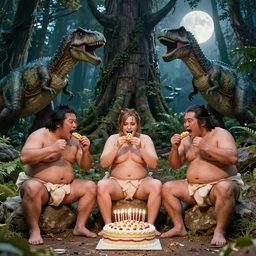 photo, three hairy neanderthal people screaming, sumo japanese, eating outside, surrounded by dinosaurs!, gigantic forest trees, sitting on rocks, bright moon, birthday cake on the ground, front view, emma! watson! giving concert