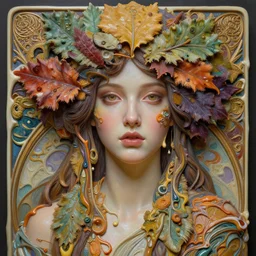 a beautiful woman made from melting wax in intricate detailed color oilpaint, 3 d render, hyper realistic detailed portrait, big flocking color leaves, ornate leaves, elegant, intense colors, ruan jia, wlop. scifi, fantasy, hyper detailed, octane render, concept art, by peter mohrbacher, by alphonse mucha, by wlop, by ruan jia