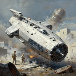 a beautiful matte painting of a spaceship crashing over the soviet communist blocks simon stalenhag and alan bean, trending on artstation, realistic rendering