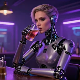 A synthetic robot mercenary with human appearance drinking at a bar, night, cyberpunk city, purple neon, bladerunner