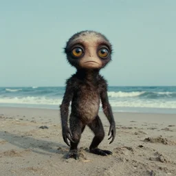 the strange creature on the beach, it looks me in the eye, film still from the movie directed by denis villeneuve and david cronenberg with art direction by salvador dali, wide lens
