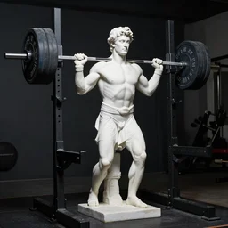greek - god white marble statue doing 4 0 0 lb squats in the squat rack, portrait lighting