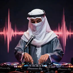 djinni made of sound waves, wearing kufia, with a mic