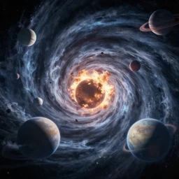 a whirlpool of planets colliding with each other in deep space, shockwaves, explosions, realism, octane render, trending on artstation, 4k