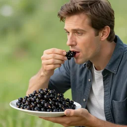 a man eats black currants in a plate, hyper realistic, hyper detailed, cfg _ scale 1 5