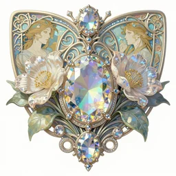 rococo and art nouveau fusion, iridescent diaphanous refractive and reflective crystal gemstone jewelry and flower bouquet, fantasy, intricate, elegant, highly detailed, digital painting, artstation, concept art, matte, sharp focus, illustration, hearthstone, art by artgerm and greg rutkowski and alphonse mucha