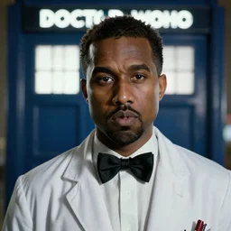 kanye west as the doctor! with bowtie! in doctor who, doctor who, background tardis!!!!!!!!, movie still, detailed face, cinematic lighting, ray tracing, octane render, long lens, shallow depth of field, bokeh, anamorphic lens flare, 8 k, hyper detailed, 3 5 mm film grain