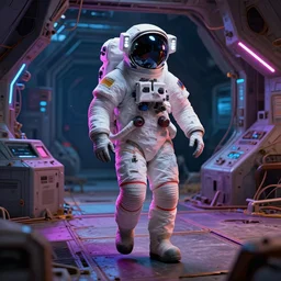 digital art artwork of an astronaut walking in an abandoned spaceship by H. R. Giger, trending on artstation, Unreal Engine 5, 8K, colorful, neon colors