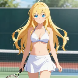 a very beautiful young anime tennis girl, full body, long wavy blond hair, sky blue eyes, full round face,, bikini, miniskirt, front view, mid - shot, highly detailed, cinematic wallpaper by wlop
