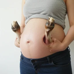 a pregnant person, with horse hooves bursting from their belly