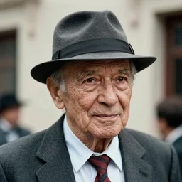 A photograph portrait of old Jerma985 in his eighties who looks like Jerma985 wearing a suit with and fedora in the 1990s, taken in the early 1990s, grainy, taken on a 1990s Camera, realistic, hyperrealistic, very realistic, highly detailed, very detailed, extremely detailed, detailed, digital art, trending on artstation, detailed face, very detailed face