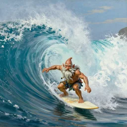 a detailed matte painting of a long-haired gnome surfing huge ocean wave on a surfboard, painting by Ivan Aivazovsky